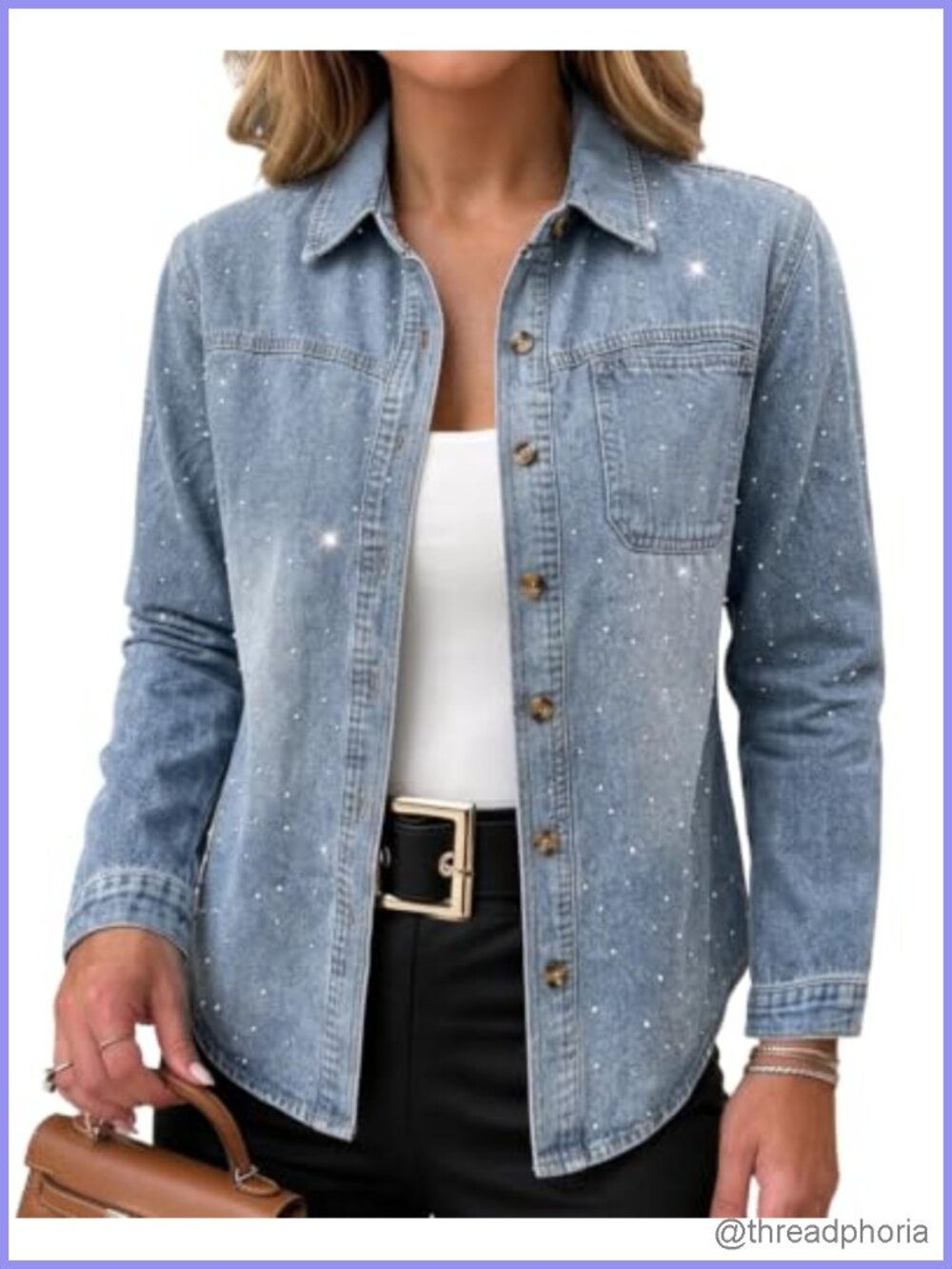 Rhinestone Washed Denim Shacket Oversized Long Sleeve Button Down Jacket